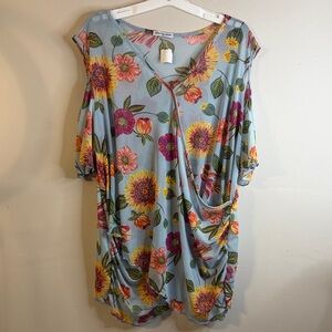Cha Cha Vente Blue Floral Tunic Top Size 2X NWT #210